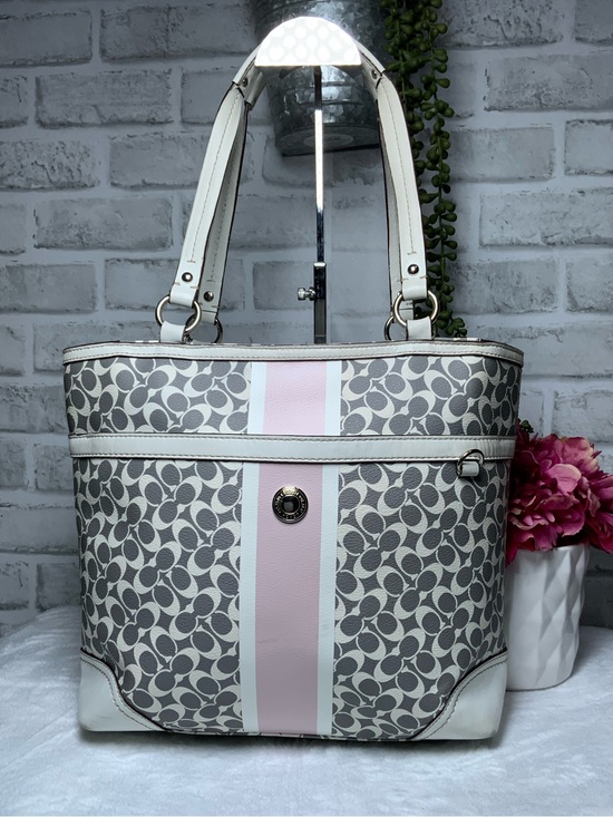 Coach Handbags - Coach Gray Signature Tote with Pink Center Stripe